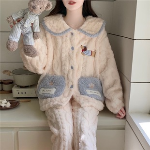 漂亮出门睡衣女冬季可爱卡通开衫珊瑚绒提花保暖加厚家居服套装女