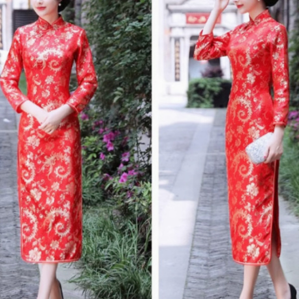中国风迎宾旗袍潮汕大老热游神营老爷扛镖旗礼服裙中式包臀长裙