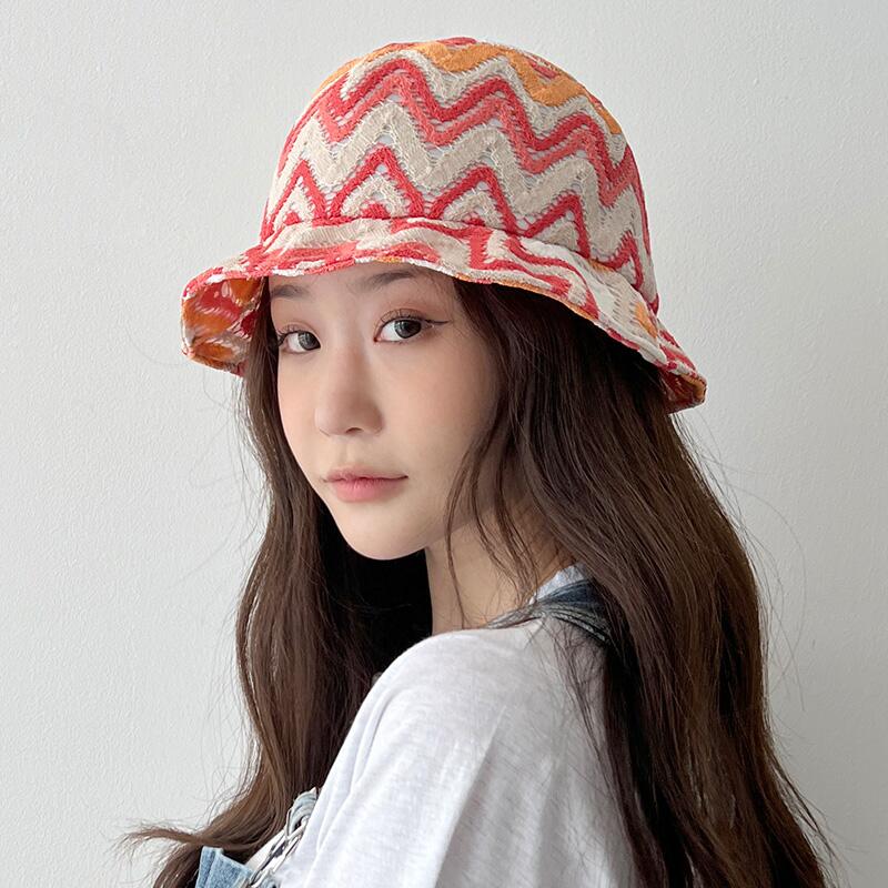 韩国代购出游波浪刺绣盆帽