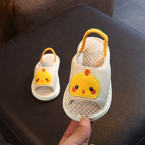儿童宝宝卡通亚麻布拖鞋室内软底