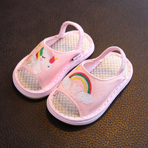 儿童卡通亚麻布拖鞋防滑软底家居