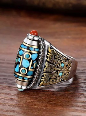 可转动九眼天珠六字真言转运动戒指男士国潮手工复古霸气指环手饰