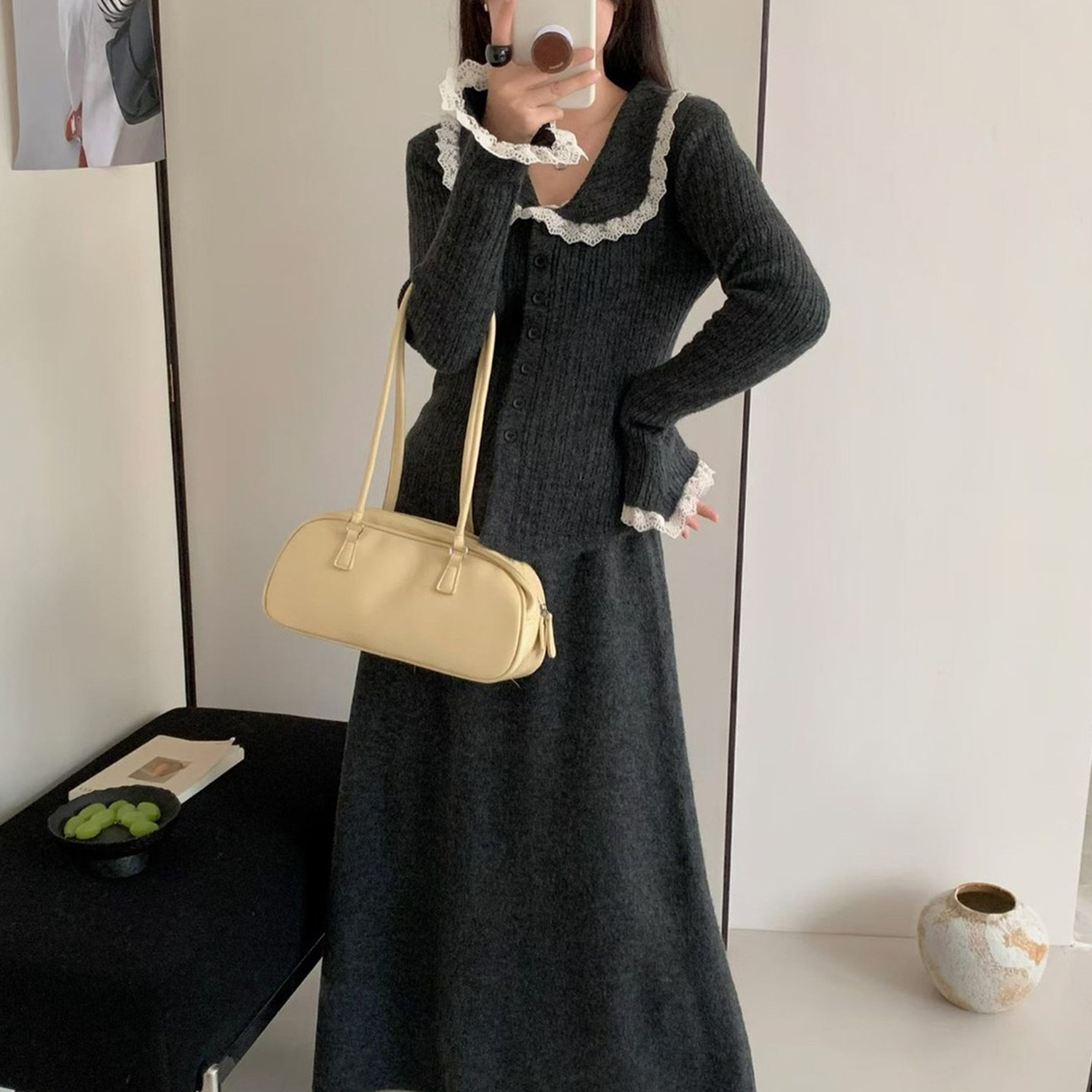 2025新款法式气质蕾丝花边针织连衣裙子女秋冬季内搭毛衣套装长裙,女装/女士精品,时尚套装,淘宝优惠券,粉丝福利购,淘宝优惠卷