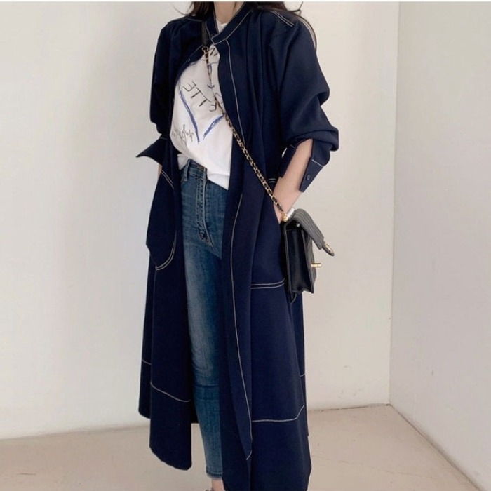 韩国chic极简主义 优雅立领明线单排扣宽松绑带风衣式连衣裙长裙