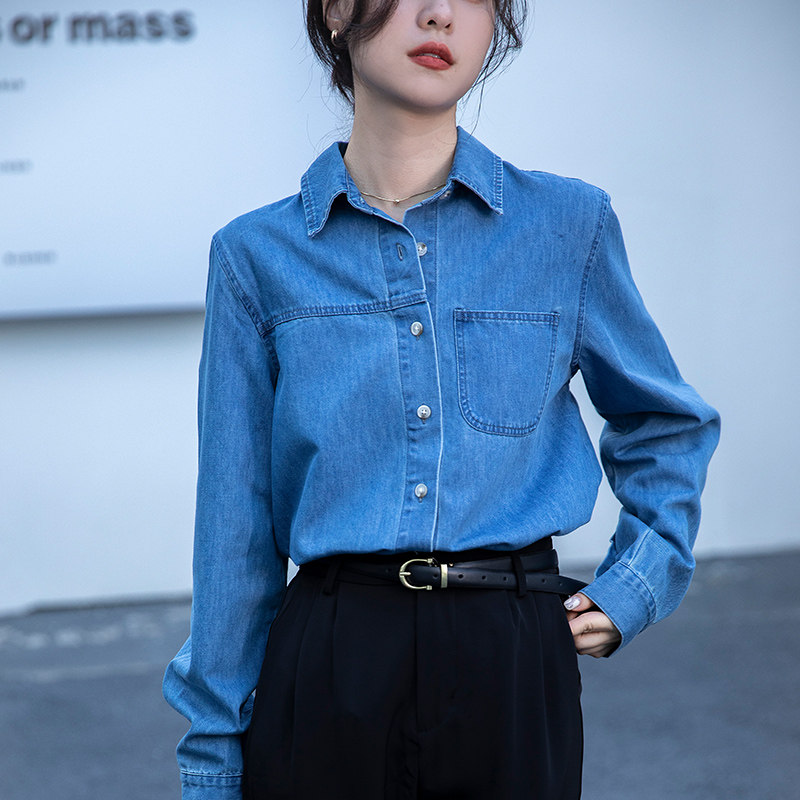 实拍牛仔衬衫女春秋新款设计感小众外套显瘦复古叠穿法式衬衣长袖,女装/女士精品,衬衫,淘宝优惠券,粉丝福利购,淘宝优惠卷