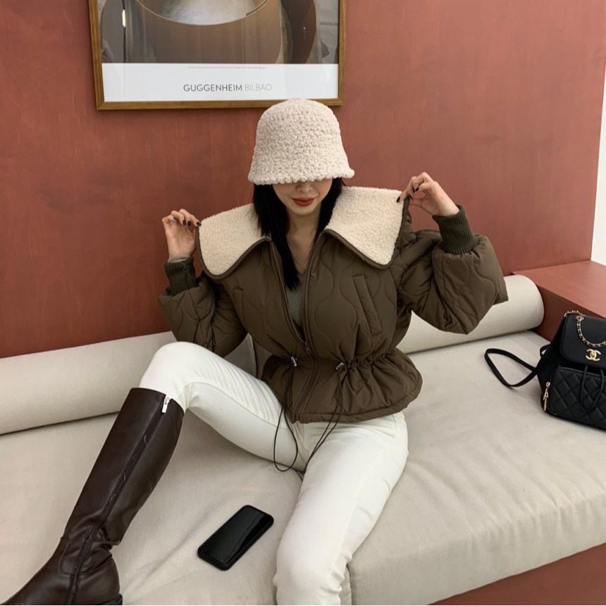 chic韩国冬季时尚个性复古羊羔毛娃娃领抽绳收腰保暖短款棉衣外套,女装/女士精品,棉衣/棉服,淘宝优惠券,粉丝福利购,淘宝优惠卷