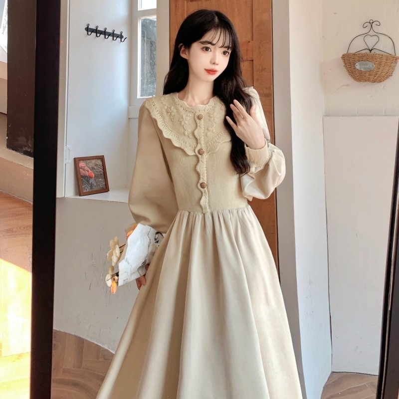 实拍包芯纱~   法式温柔圆领重工针织钩花减龄拼接灯芯绒连衣裙,女装/女士精品,大码连衣裙,淘宝优惠券,粉丝福利购,淘宝优惠卷