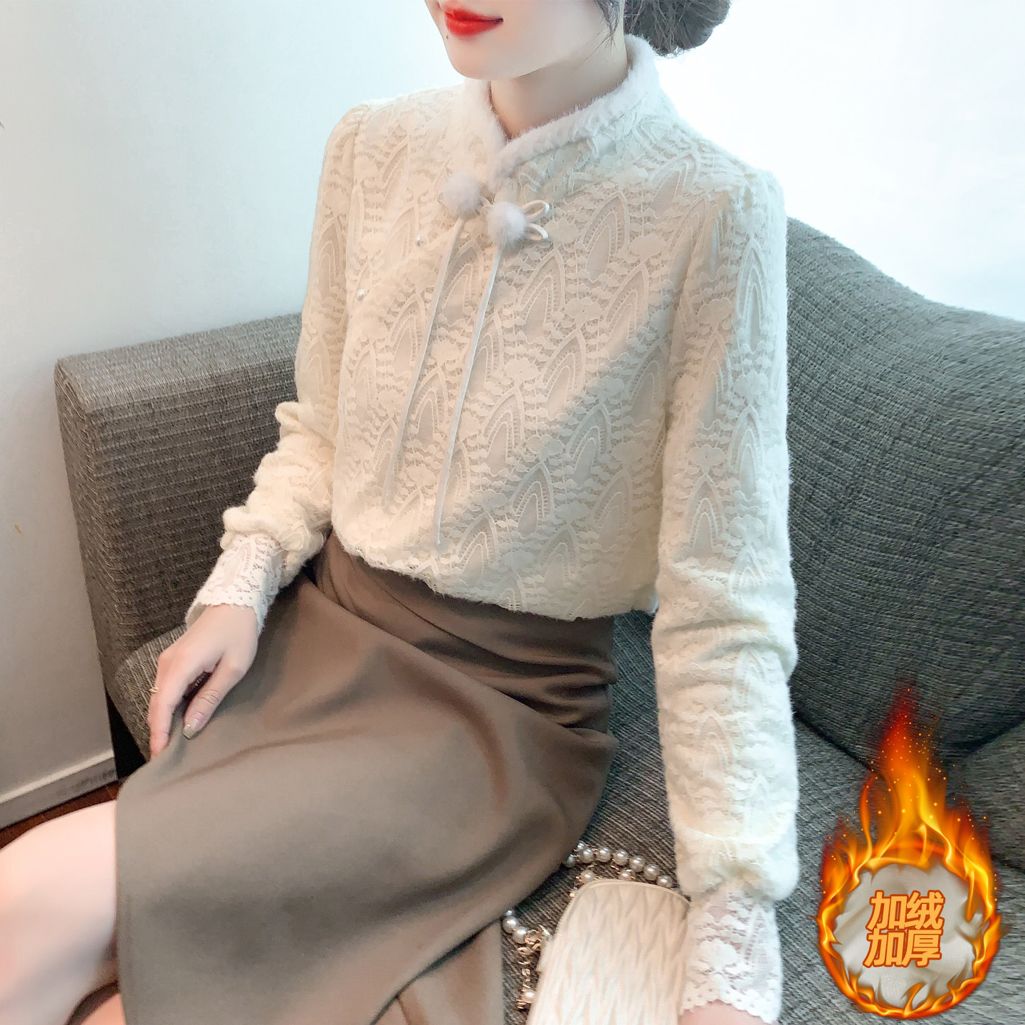 已出货加绒加厚新中式立领盘扣蕾丝打底衫女秋冬内搭国风小衫上衣,女装/女士精品,蕾丝衫/雪纺衫,淘宝优惠券,粉丝福利购,淘宝优惠卷