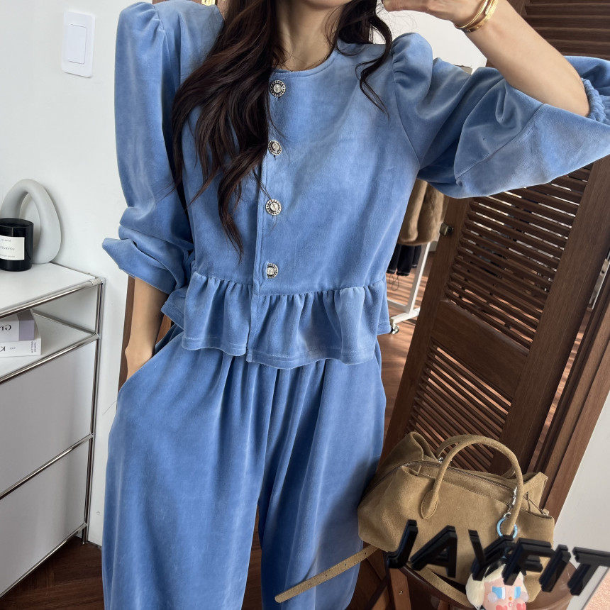 已出货　新款泡泡袖单排扣上衣+休闲长裤粒绒套装女,女装/女士精品,时尚套装,淘宝优惠券,粉丝福利购,淘宝优惠卷