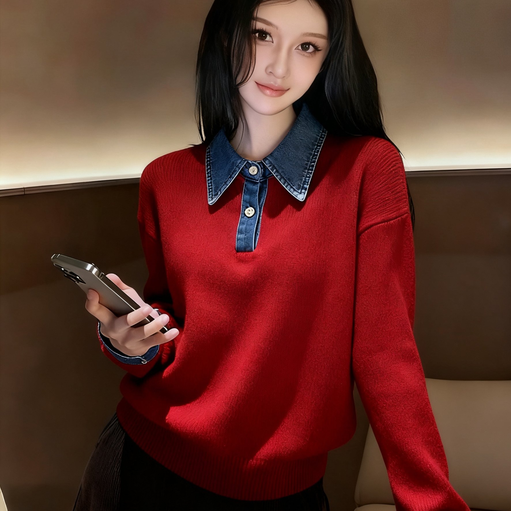 2025冬韩系假两件Polo领针织衫女别致漂亮牛仔拼接慵懒风气质毛衣