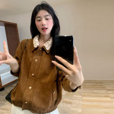 尺寸已更新 MIU系美拉德翻领夹克复古高级感棕色短外套 可拆卸领