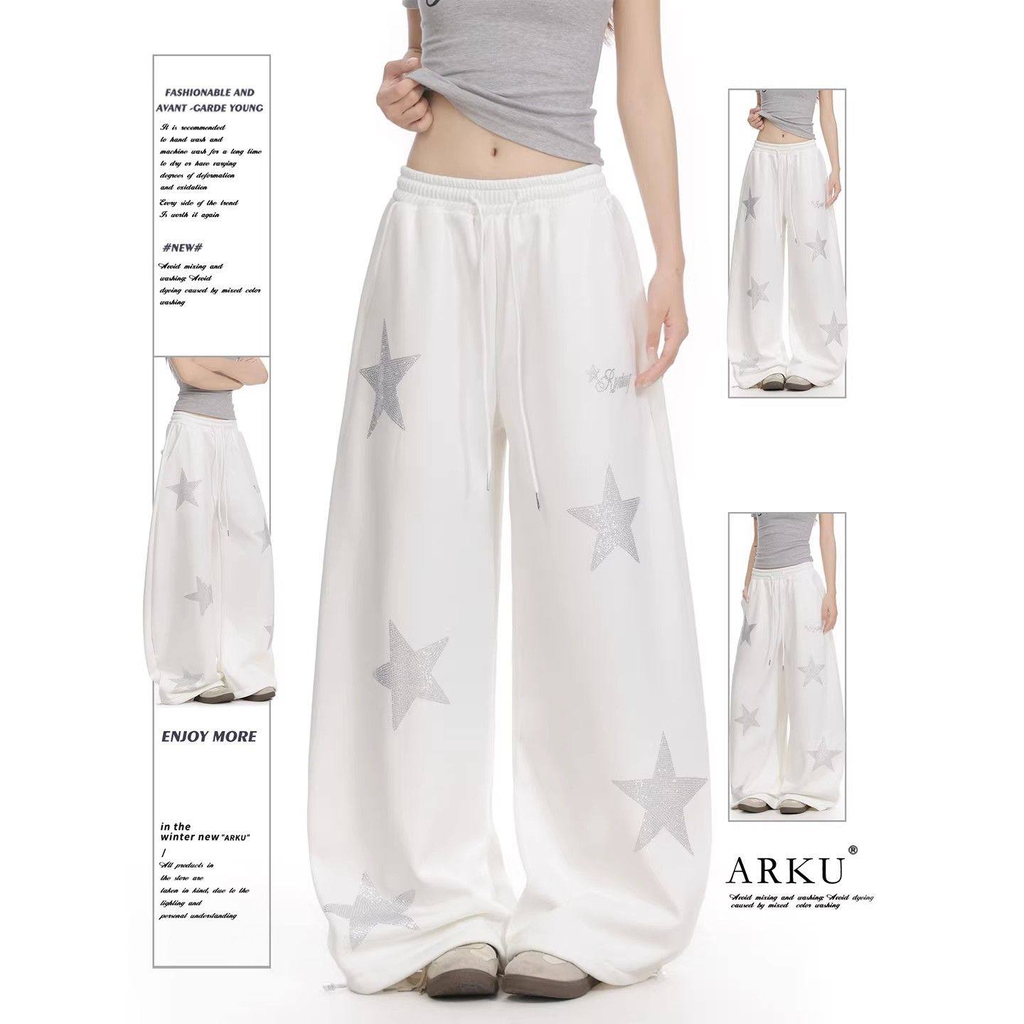 华棉复合美式星星烫钻阔腿卫裤女宽松慵懒显瘦百搭直筒休闲裤,女装/女士精品,休闲裤,淘宝优惠券,粉丝福利购,淘宝优惠卷