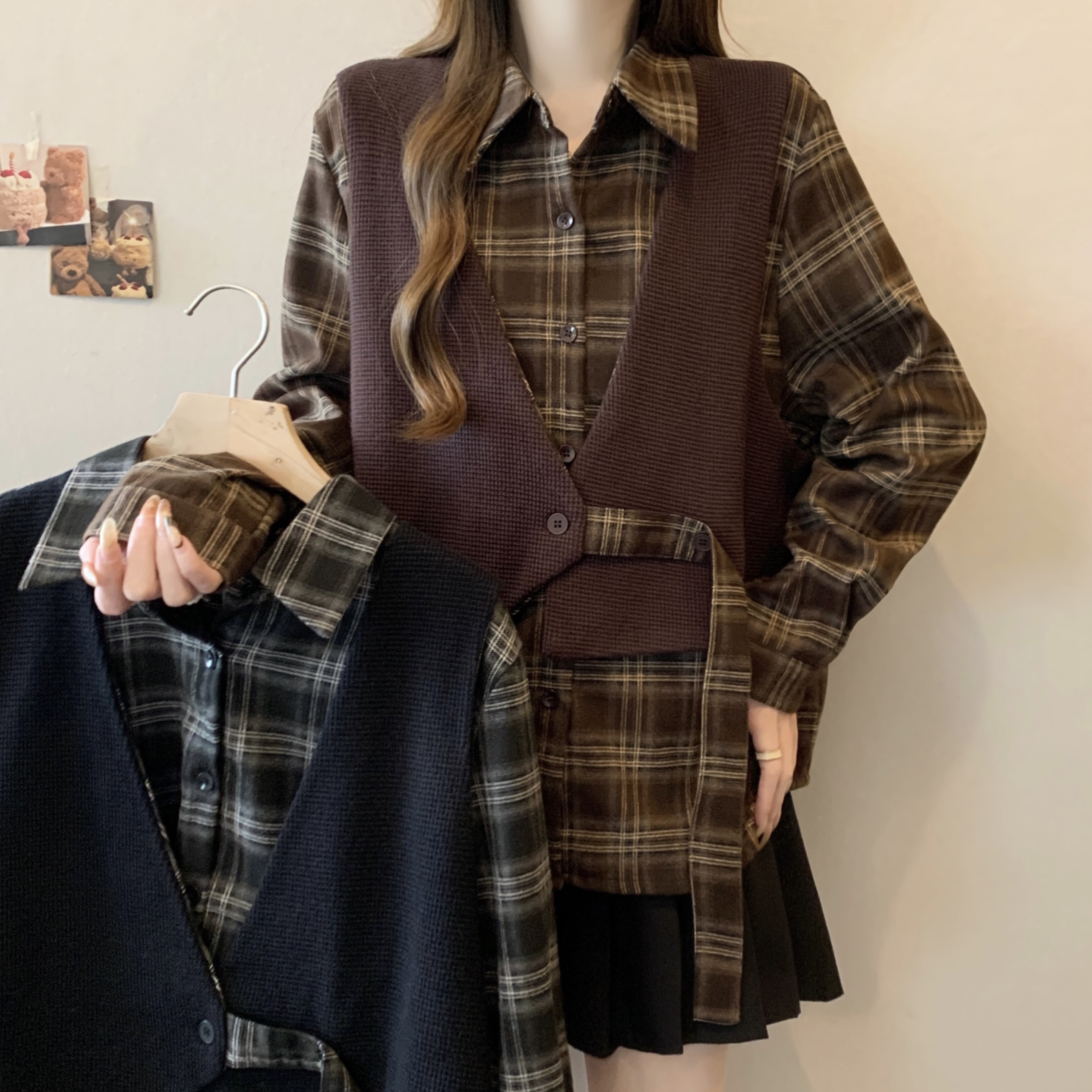 实拍大码女装2025春季设计感小众新款针织拼接格子假两件长袖衬衫