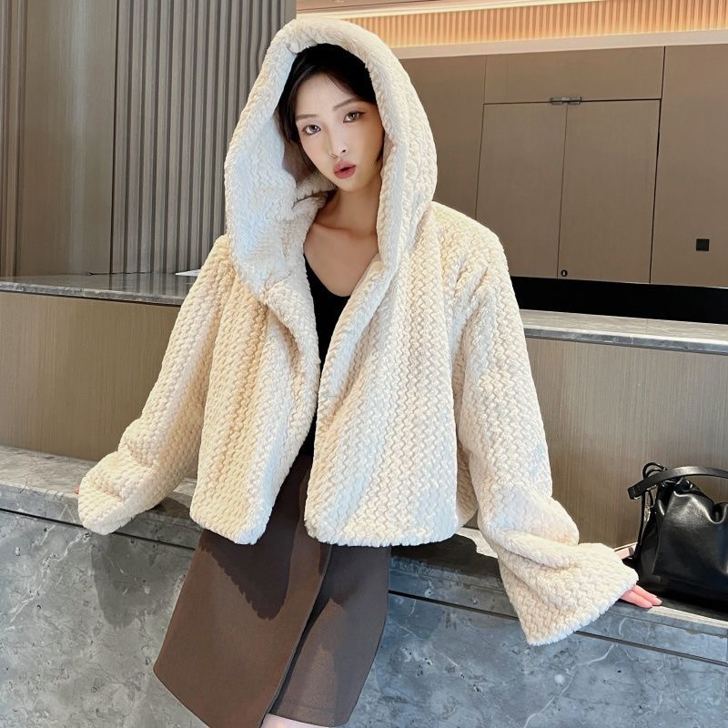2025秋冬新款加密手工双面编织连帽韩版短款兔毛皮草外套女年轻款