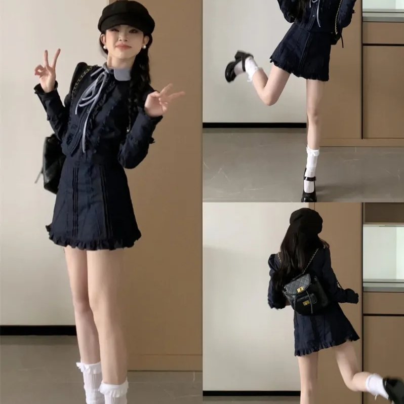 学院风蕾丝套装女春季新款藏青色重工假两件衬衫高腰半身裙两件套