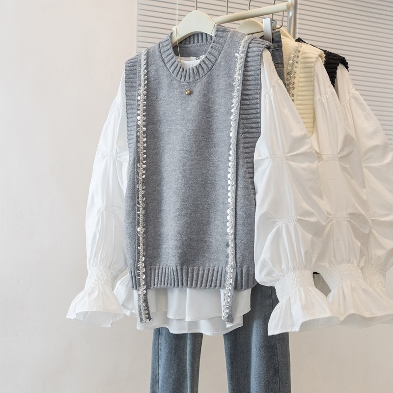 实拍大码女装新款高级感设计感重工亮片高级感针织马甲两件套上衣,女装/女士精品,大码套装,淘宝优惠券,粉丝福利购,淘宝优惠卷