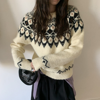 实拍 小众复古 费尔岛毛衣圆领撞色提花长袖针织衫上衣