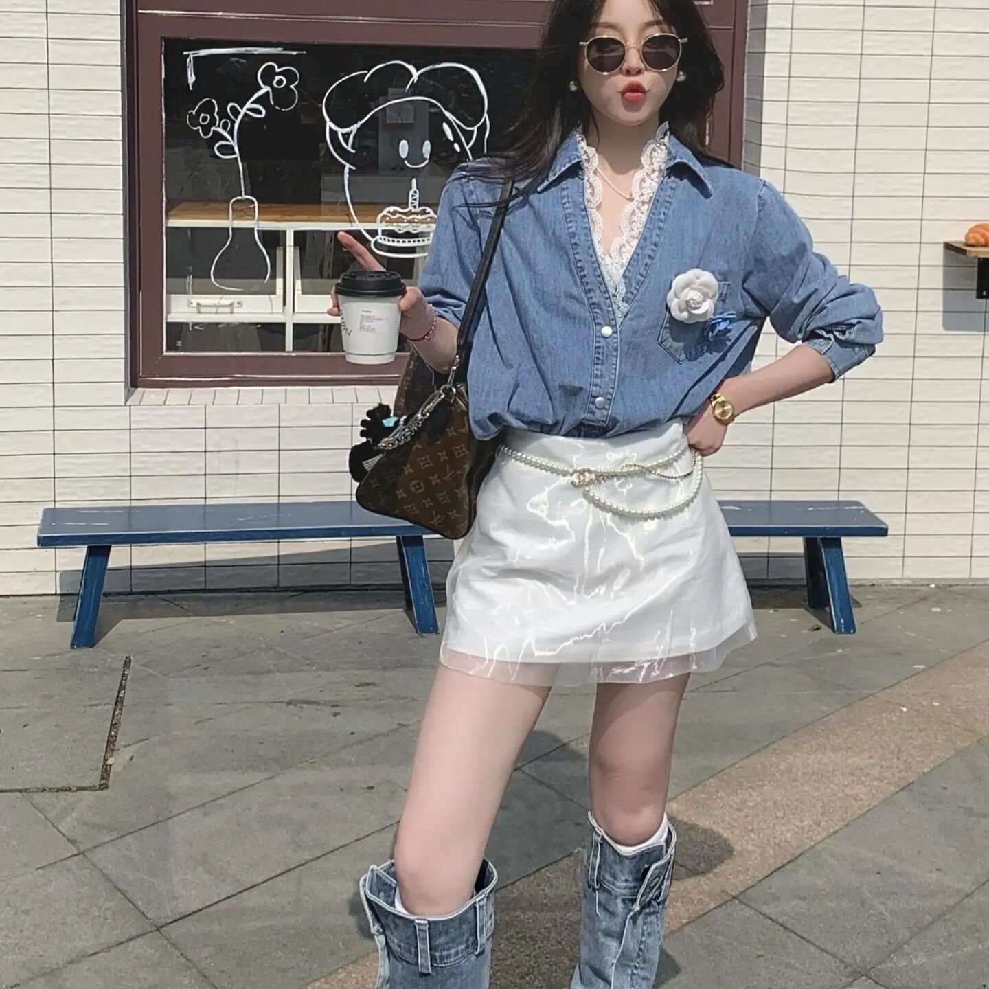 SISTER自留V领长袖蕾丝拼接衬衫网纱拼接A字半身裙套装