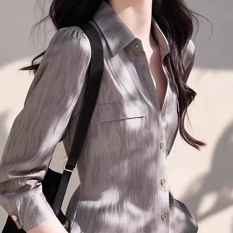 韩系修身显瘦翻领设计感长袖针织开衫2025春季单排扣雪纺衬衫上衣,女装/女士精品,衬衫,淘宝优惠券,粉丝福利购,淘宝优惠卷