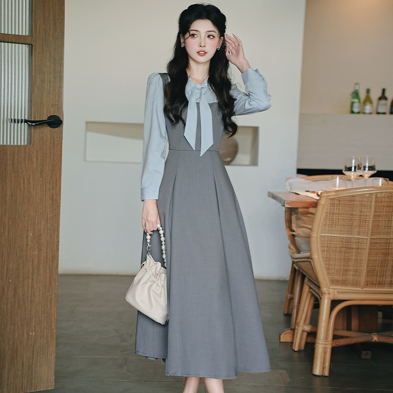新款实拍 法式复古气质假两件撞色拼接收腰显瘦学院风长袖连衣裙