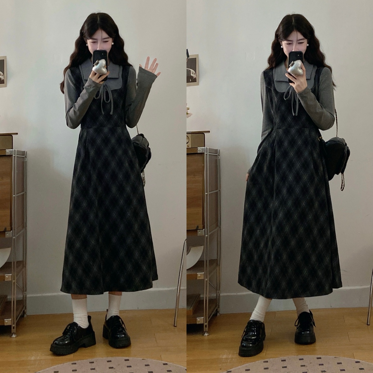 实拍 法式复古假两件学院风格纹秋冬季新款赫本风显瘦长款连衣裙