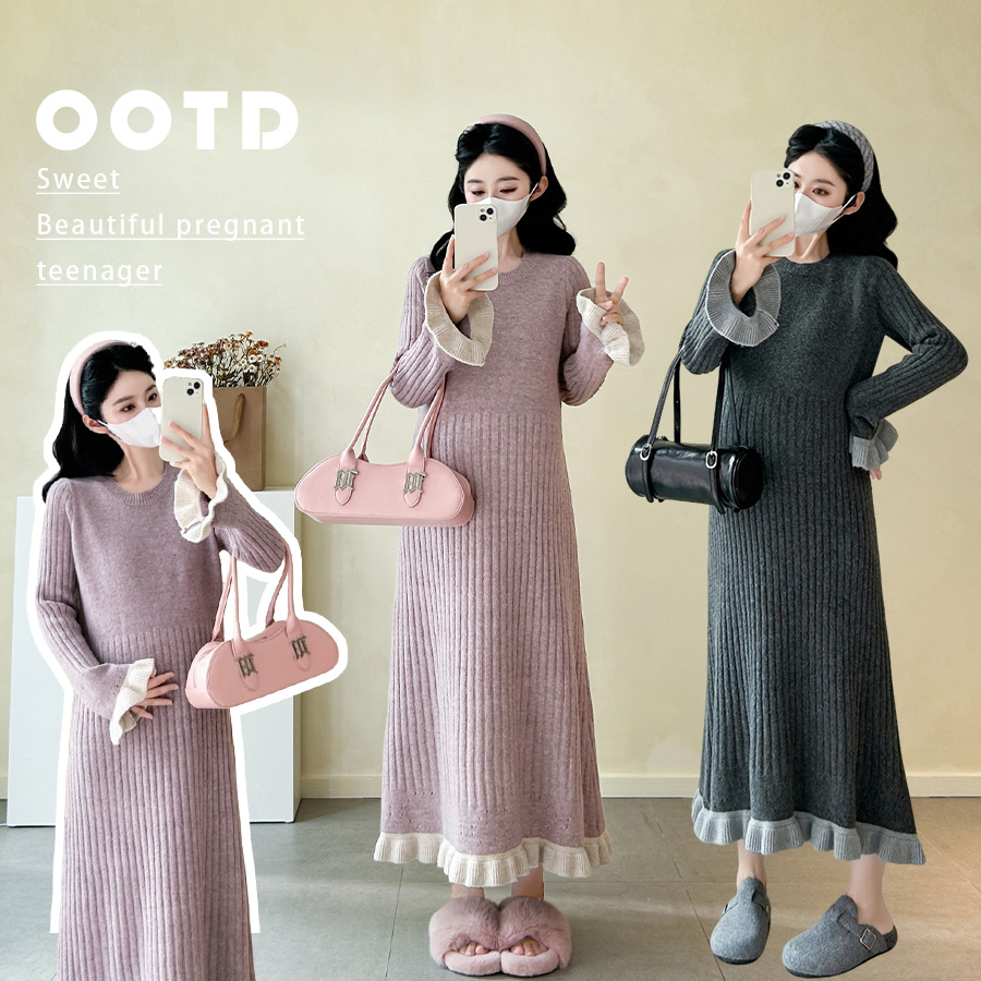 实拍~秋冬新款毛衣针织孕妇连衣裙花边坑条撞色宽松打底裙