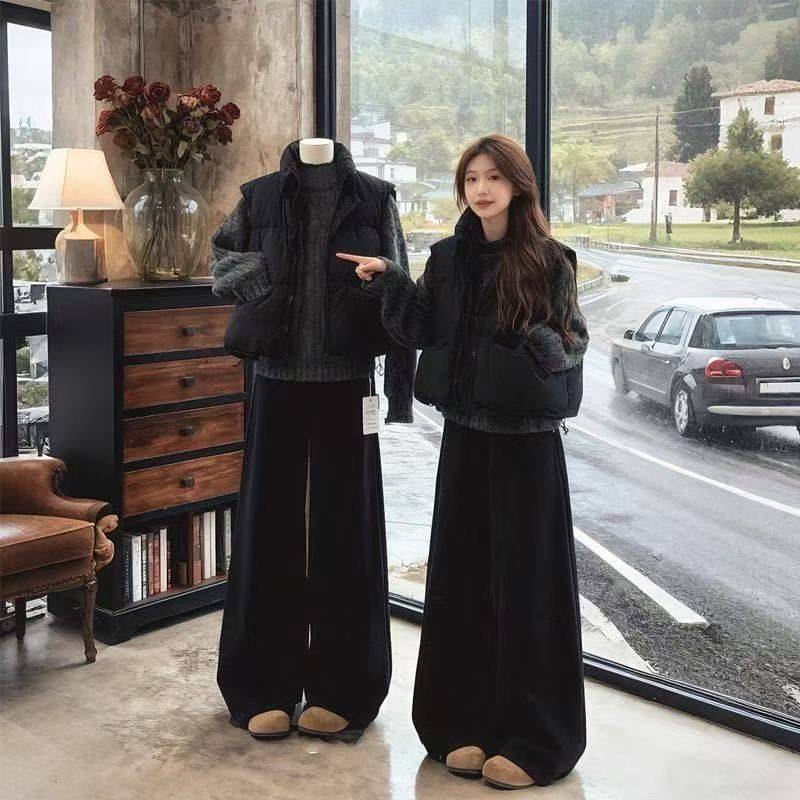 三件/套装韩版复古学院风高领针织毛衣女+棉衣马甲外套+黑色长裤,女装/女士精品,短外套,淘宝优惠券,粉丝福利购,淘宝优惠卷