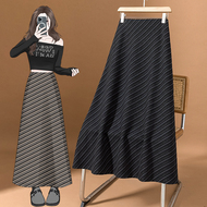 实拍大码女装新款复古气质斜条纹毛呢高腰显瘦A字垂坠感大半身裙