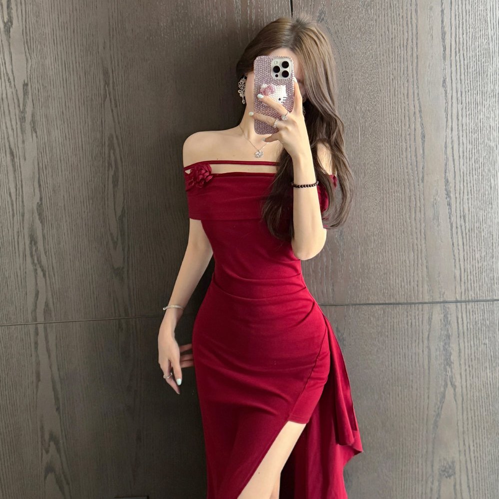 实拍名媛气质一字肩抹胸花朵不规则露肩收腰开叉礼服连衣裙