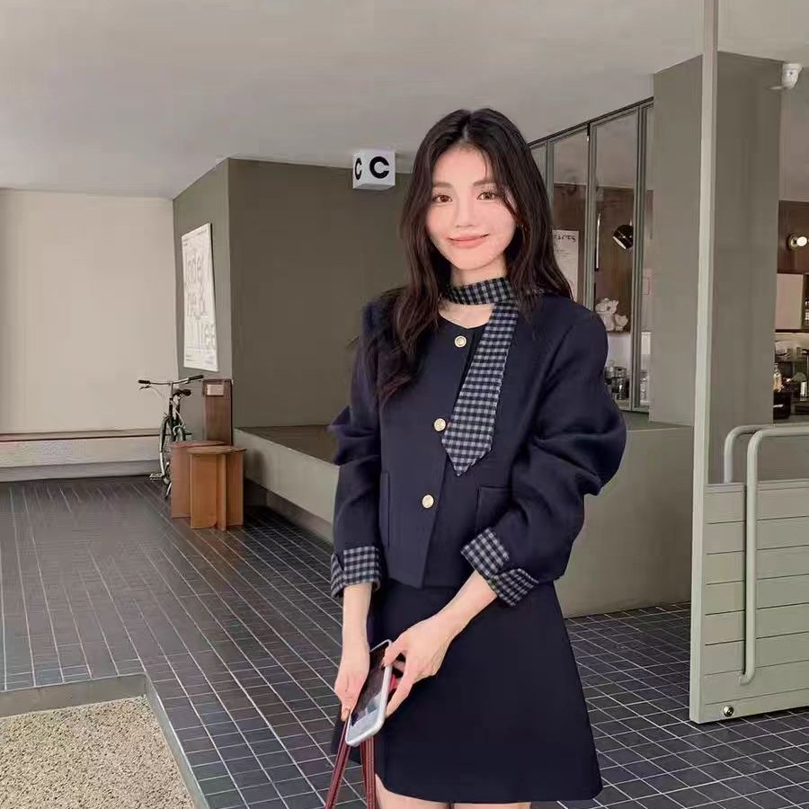 韩系千金格子领呢子两件套秋冬夹棉短外套+半裙+领带三件套套装