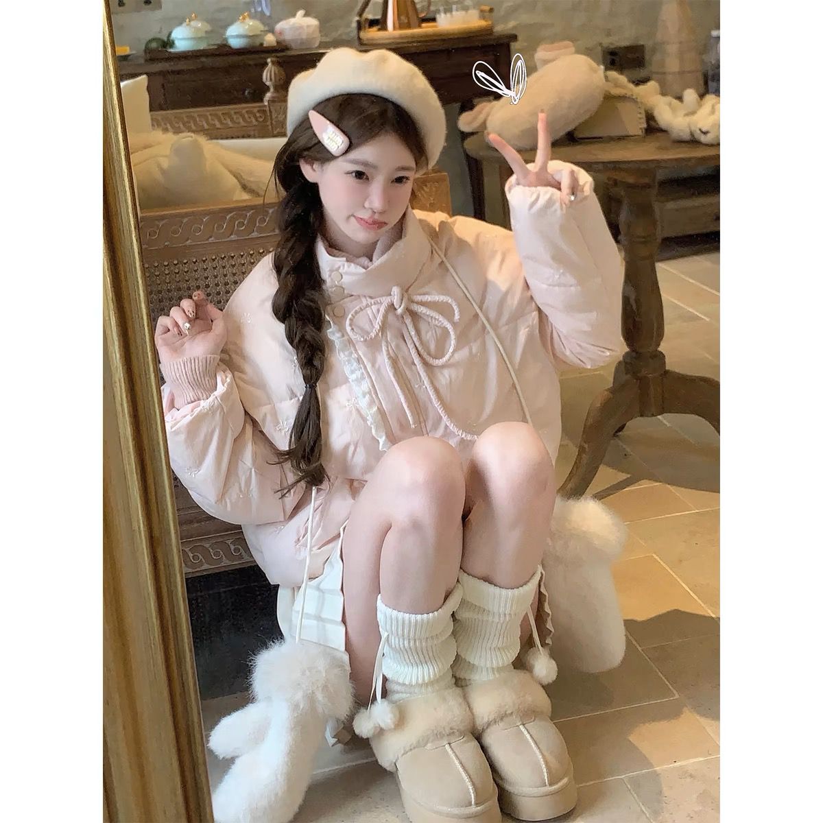 新款蕾丝拼接棉服外套女冬季韩系休闲高级感粉色蝴蝶结系带棉衣