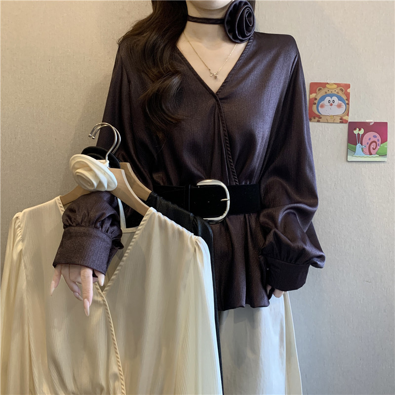 高级感V领长袖雪纺衬衫女春季2026大码胖mm显瘦腰带收腰气质上衣,女装/女士精品,大码内搭,淘宝优惠券,粉丝福利购,淘宝优惠卷