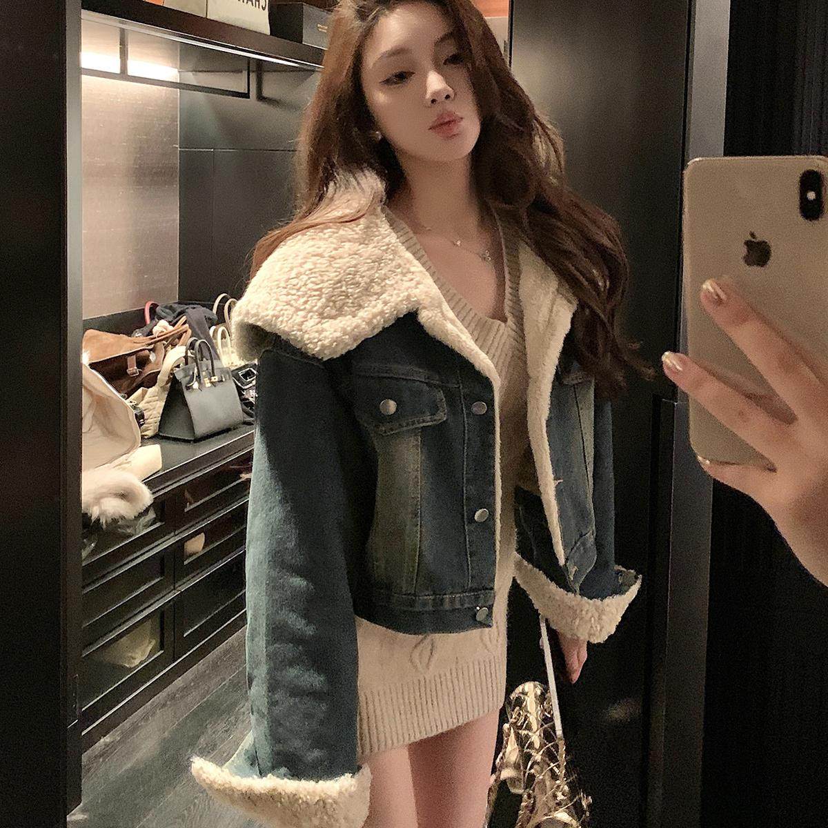 邱肉瑶 翻领羊羔毛加绒牛仔外套女冬季加厚短外套