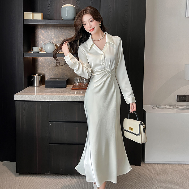 实拍 缎光流韵优雅知性捏褶鱼尾衬衫连衣长裙温柔大方裙子女,女装/女士精品,连衣裙,淘宝优惠券,粉丝福利购,淘宝优惠卷