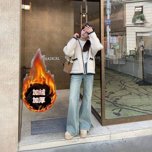 浅色加绒直筒牛仔裤女2025秋冬新款高腰潮流宽松百搭显瘦阔腿裤子