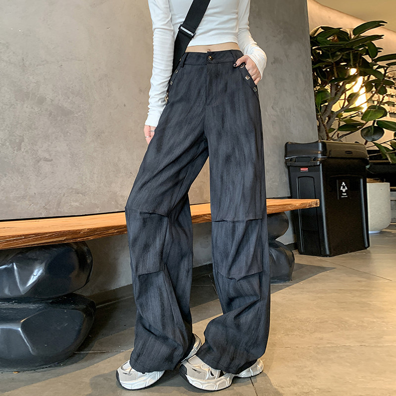 2026春美式复古宽松弹力扎染工装裤休闲直筒裤女高腰街舞阔腿长裤,女装/女士精品,休闲裤,淘宝优惠券,粉丝福利购,淘宝优惠卷