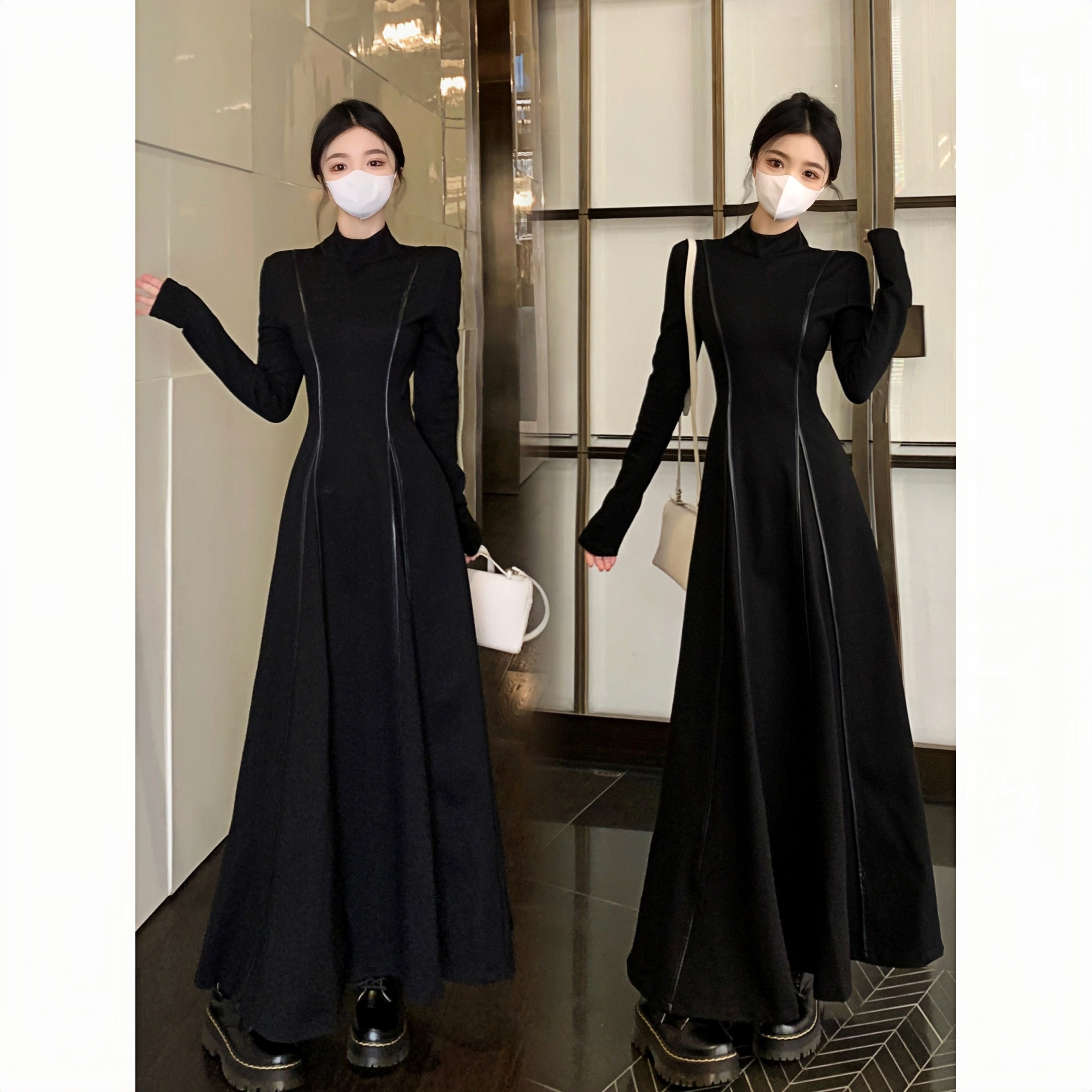 实拍 ~ 秋冬设计感法式收腰显瘦中长款打底黑裙子