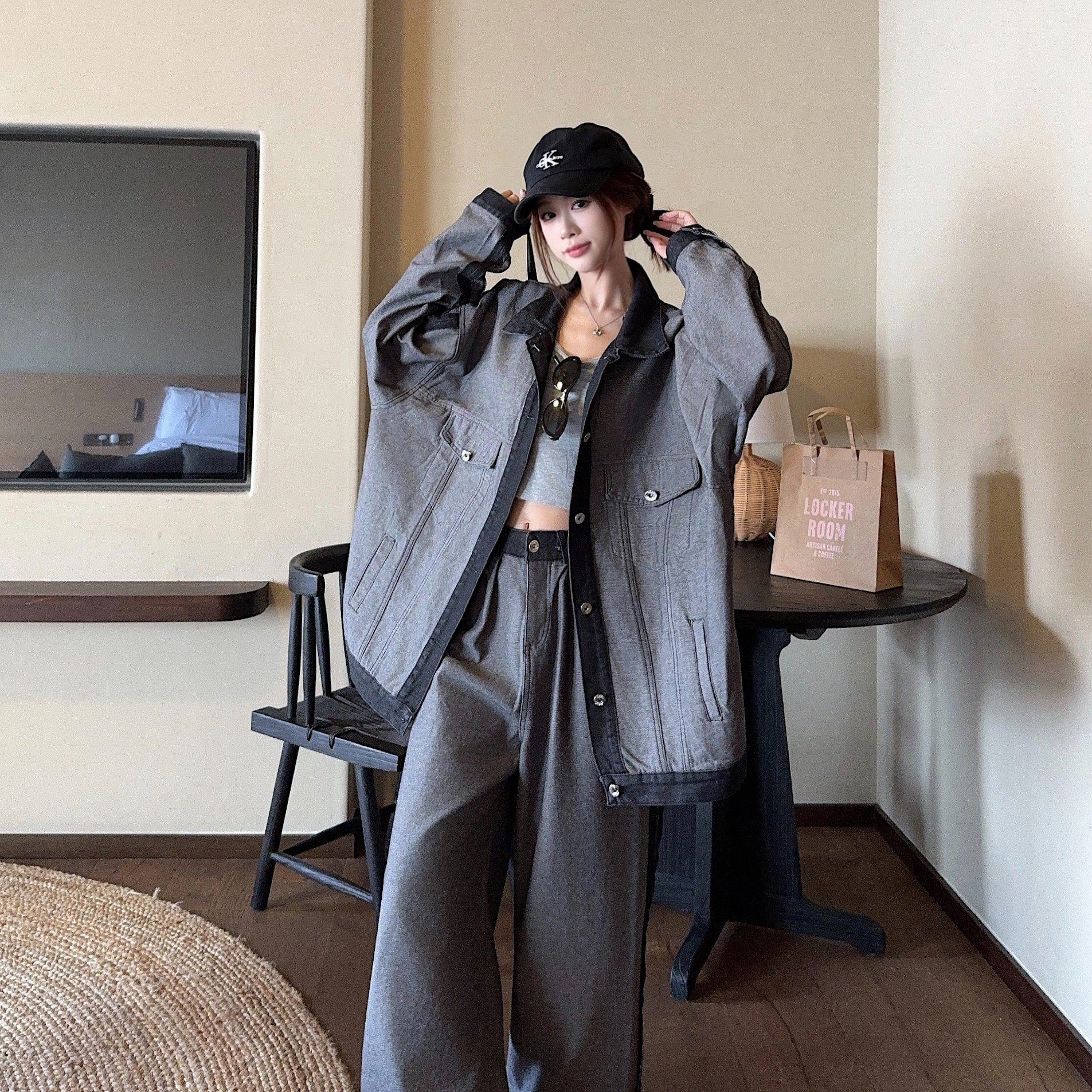 实拍实价 美式复古设计感小众反面为底牛仔外套高腰拖地裤套装,女装/女士精品,其它制服/套装,淘宝优惠券,粉丝福利购,淘宝优惠卷