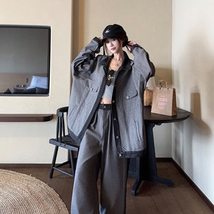 实拍实价 美式复古设计感小众反面为底牛仔外套高腰拖地裤套装