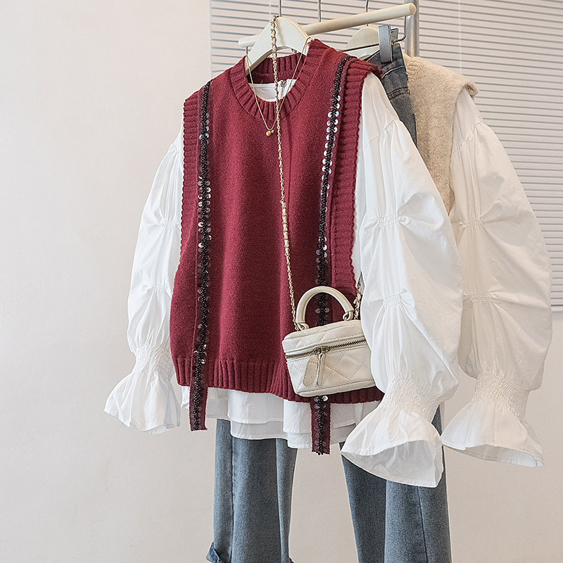 实拍大码女装新款高级感设计感重工亮片高级感针织马甲两件套上衣,女装/女士精品,大码套装,淘宝优惠券,粉丝福利购,淘宝优惠卷