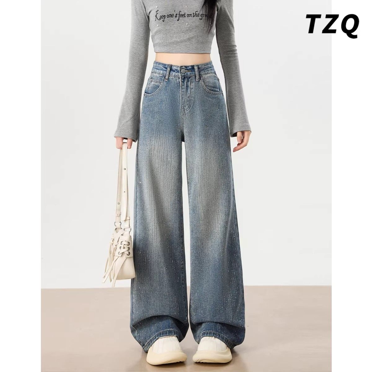 复古蓝烫钻阔腿牛仔裤女秋冬高腰宽松显瘦小个子时尚加绒直筒裤子,女装/女士精品,牛仔裤,淘宝优惠券,粉丝福利购,淘宝优惠卷