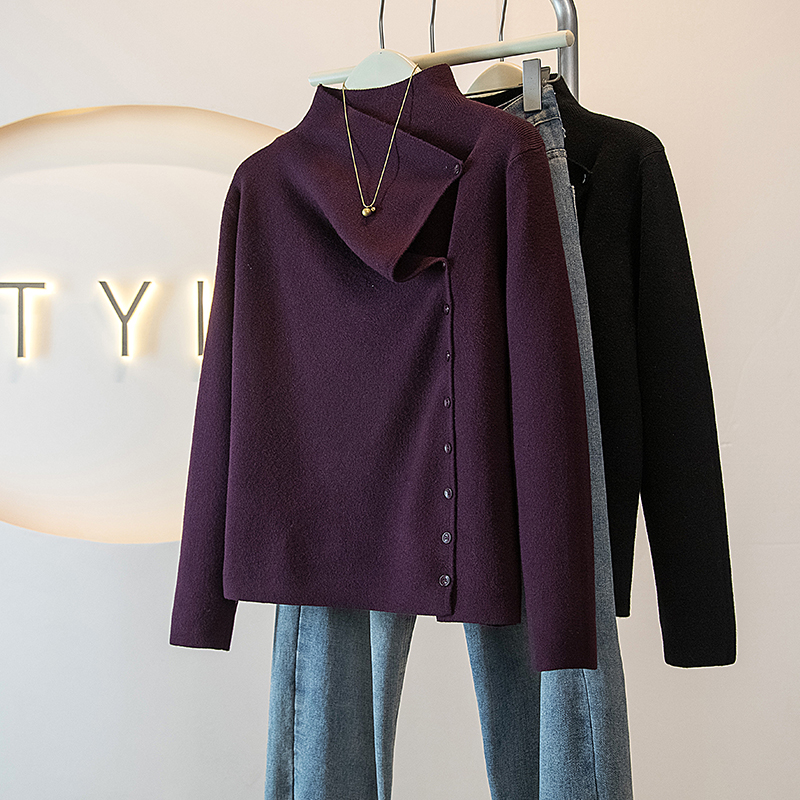 实拍大码女装冬季新款韩版修身百搭时尚高领单排扣毛衣针织衫上衣