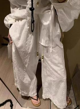 原版原料有内衬白色镂空花边刺绣阔腿裤女夏新款抽绳休闲薄款女裤