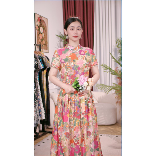 短袖时尚复古连衣裙花釉流丹26005