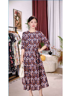 七分袖时尚复古连衣裙太阳花25023