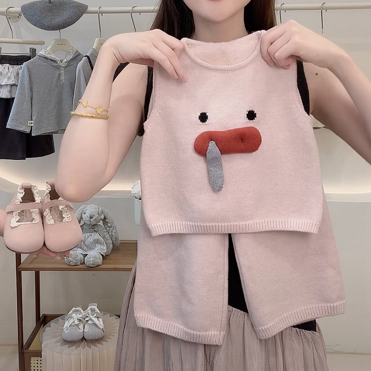 女童针织套装春秋款中小童宝宝洋气卡通两件套儿童毛线马甲衣服秋