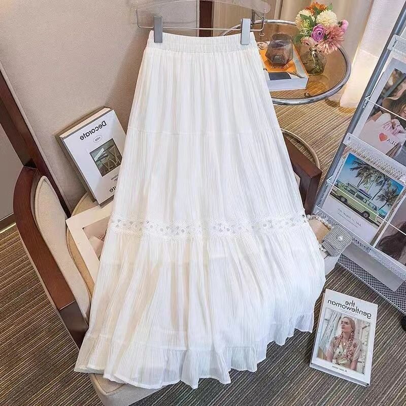 春夏天女大版白色宽松直筒加大版半身裙印花边蕾丝A蛋糕中 长款裙
