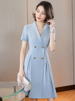 秋天印花色裙职业连衣裙老师幼师教师办公美容工装上班加肥加大版