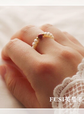 Pura大珍小珠《一抹朱砂红》朱砂珍珠戒指极细近圆强光天然淡水