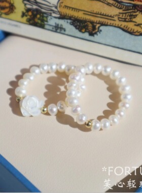 芙心丨强光天然淡水近圆珍珠玫瑰母贝3mm纯银珠叠戴金戒指弹力